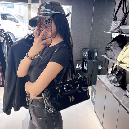 韓國 Mucent Centric Metal Logo Front Belted Leather Shoulder Bag【MU093】