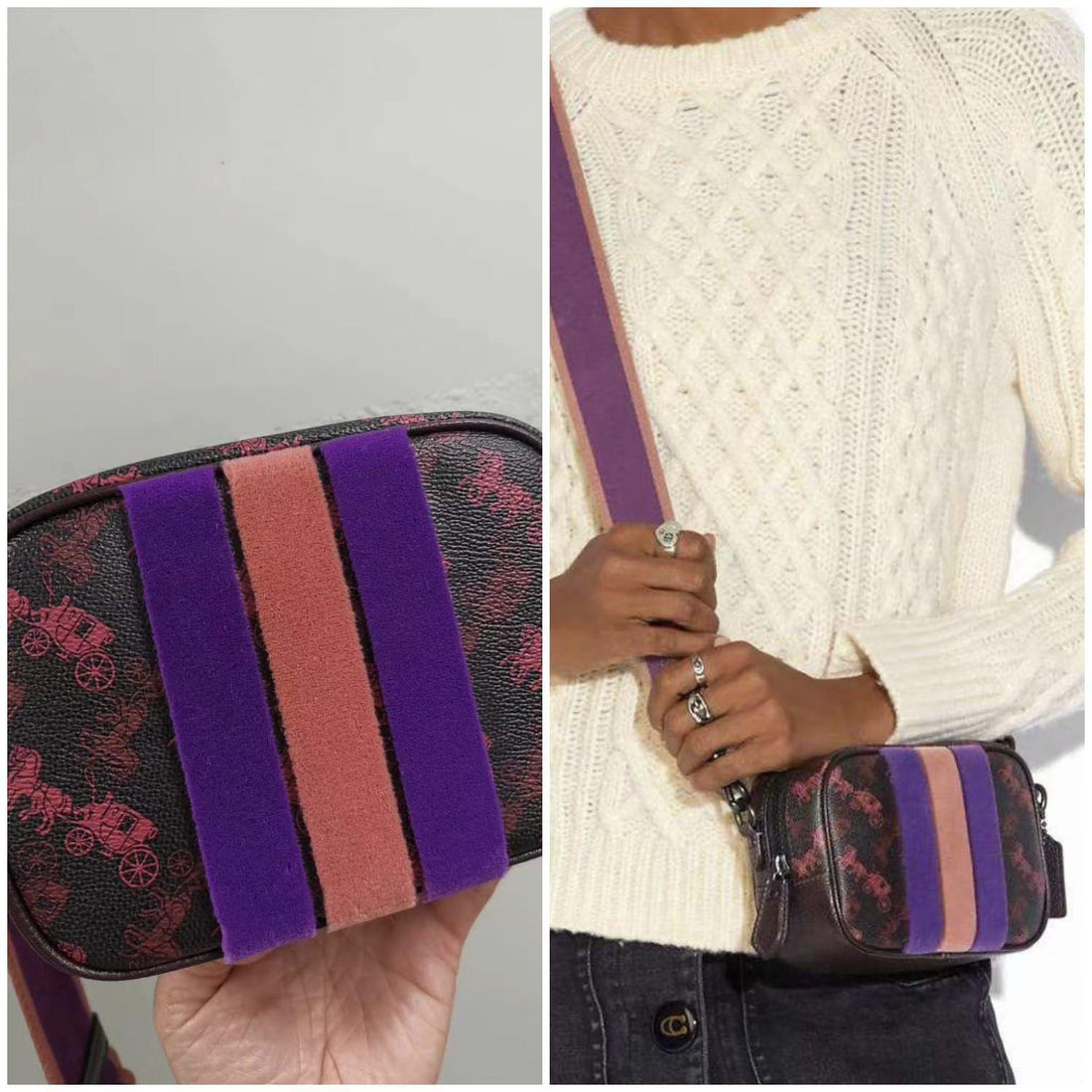 Coach 16 With Horse And Carriage Print And Varsity Stripe Camera Bag 【YS247】