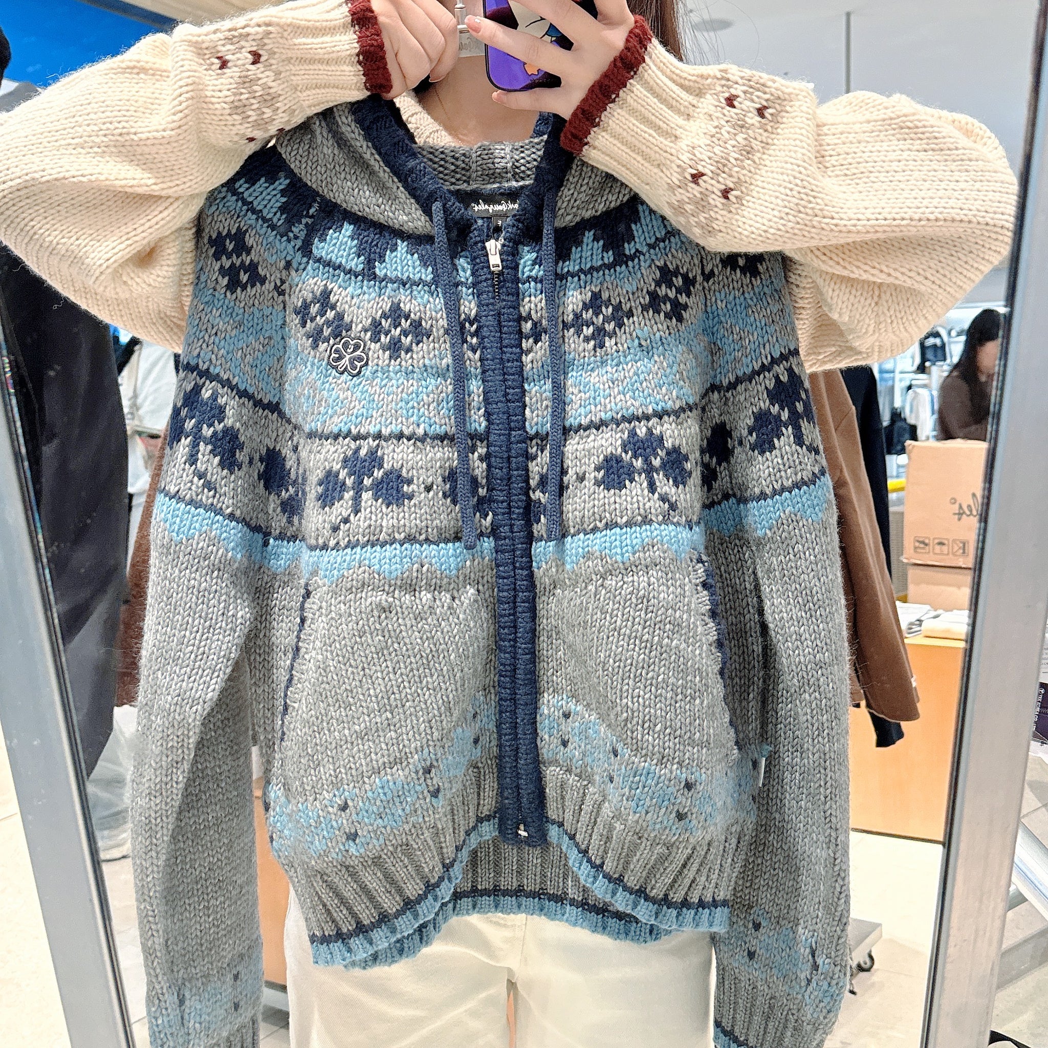 韓國 Mark Gonzales Women's Nordic Pattern Hooded Zip-Up Knit Cardigan【MG196】