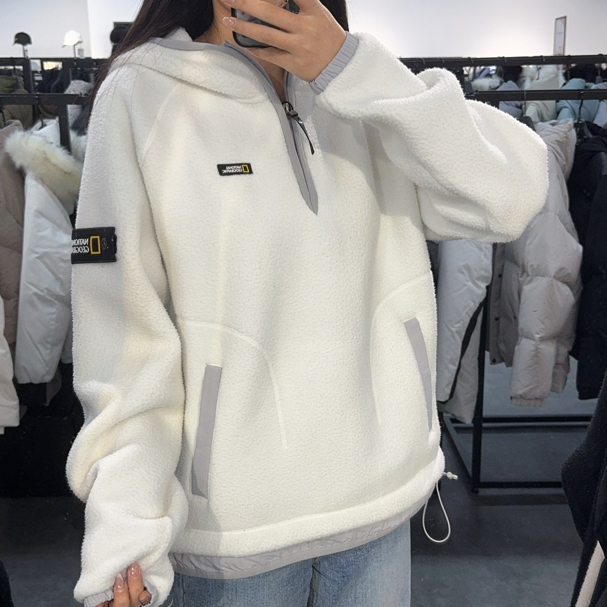 【現貨】韓國 National Geographic Woven Layered Loose Fit Fleece Half Zip Hoodie【NG400】