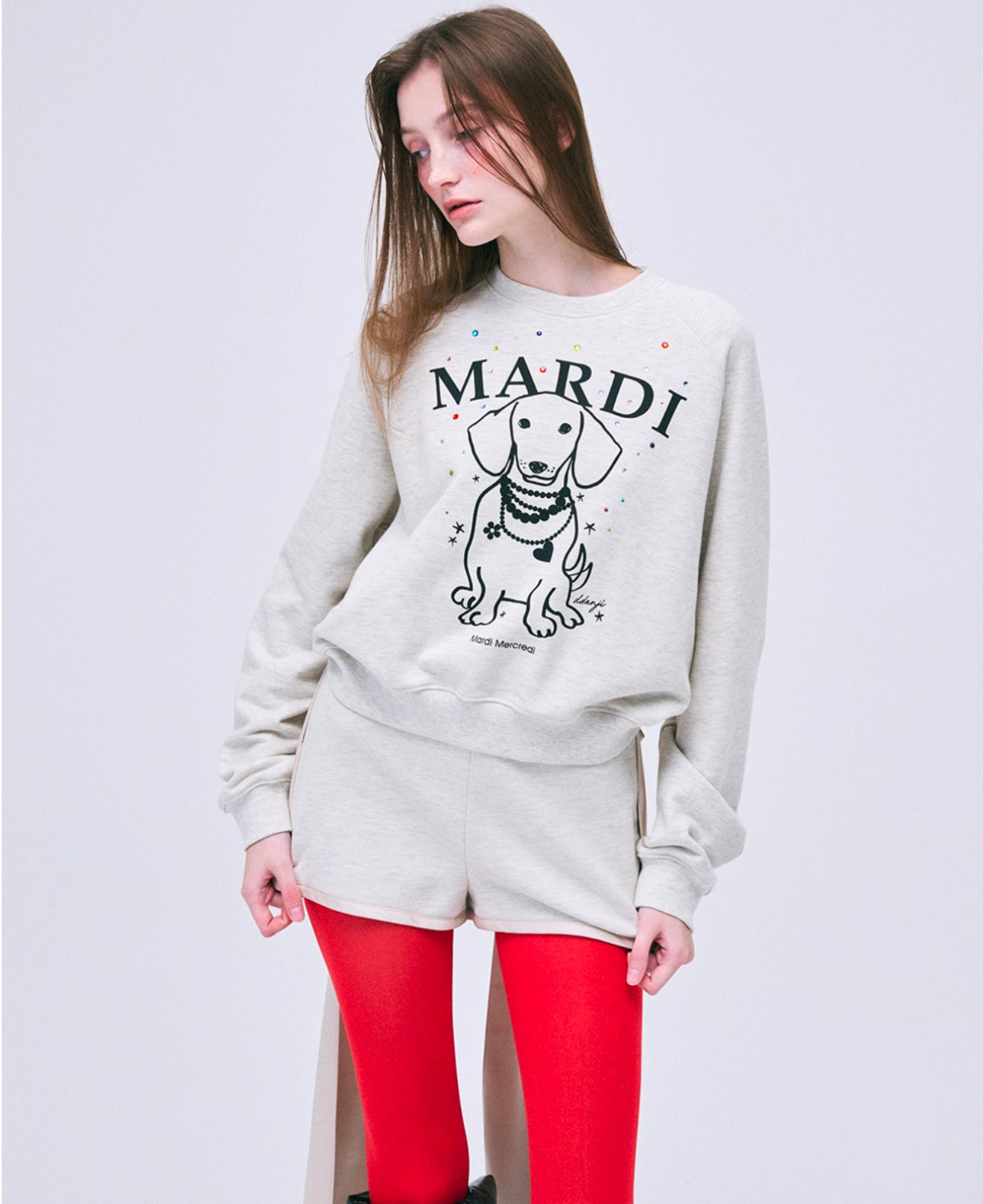 韓國 Mardi Mercredi SWEATSHIRT RAGLAN SWING THE TAIL DDANJI PEARL NECKLACE STONE EMBELLISHED【MM006】