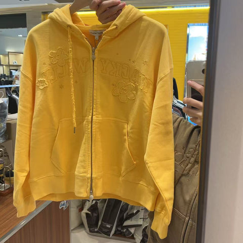 韓國 Wacky Willy Women's Pigment-Washed Applique Hooded Zip-up【WW024】