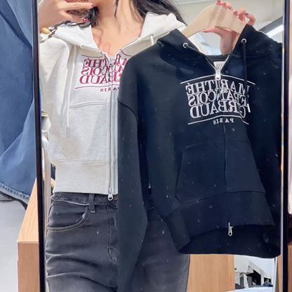 韓國 Marithe Francois Girbaud W Embroidery Classic Logo Crop Hoodie Zipup【MF716】