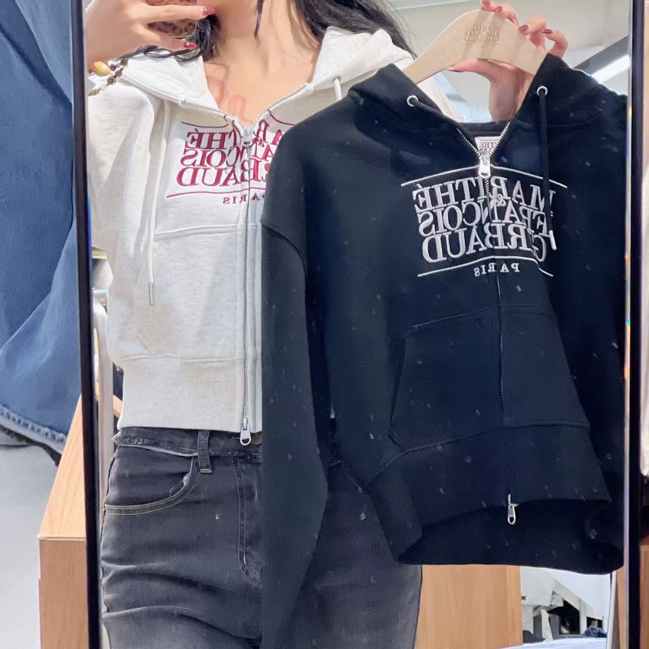 韓國 Marithe Francois Girbaud W Embroidery Classic Logo Crop Hoodie Zipup【MF716】