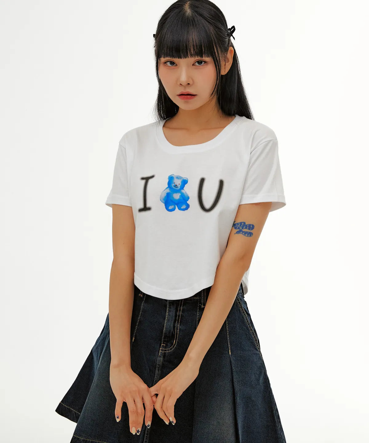 韓國 Ambler Blue Bear, Love U Round Hem Crop Short Sleeve T-Shirt【AR042】