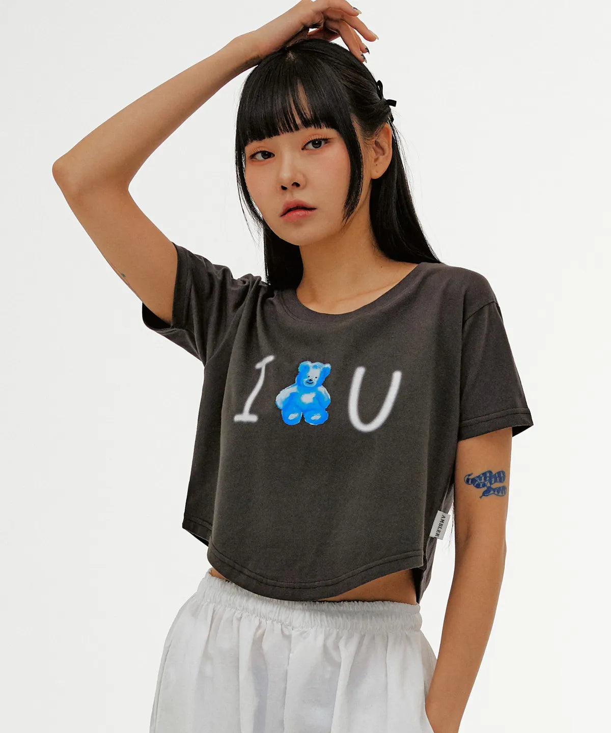 韓國 Ambler Blue Bear, Love U Round Hem Crop Short Sleeve T-Shirt【AR042】