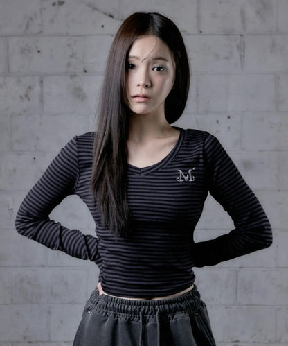 韓國 Mucent Emma V-Neck Stripe Long Sleeve T【MU176】