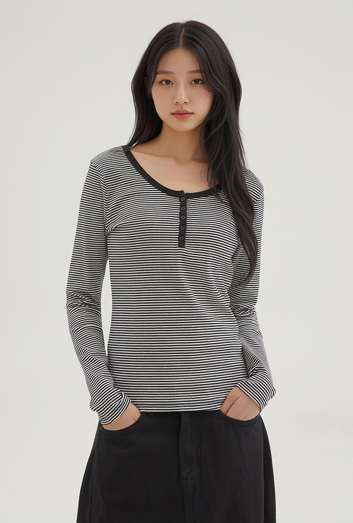 韓國 SPAO Henley Neck Long Sleeve T-Shirt【SP342】