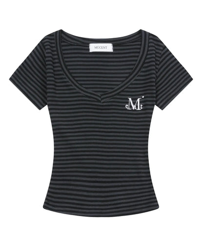 韓國 Mucent Emma V-Neck Stripe Half T-Shirt【MU013】
