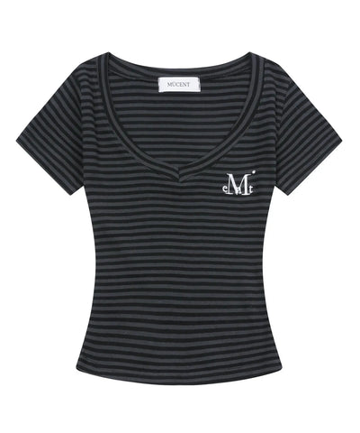 韓國 Mucent Emma V-Neck Stripe Half T-Shirt【MU013】