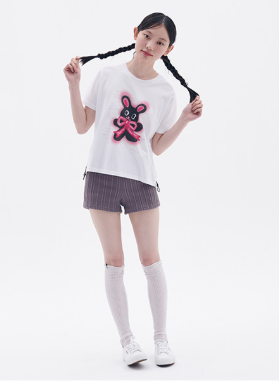 韓國 Ambler Rabbit With Ribbon Graphic String Crop Short Sleeve T-shirt【AR116】