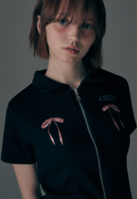 韓國 Ambler Crop collar Zip-up Short Sleeve Knit【AR099】