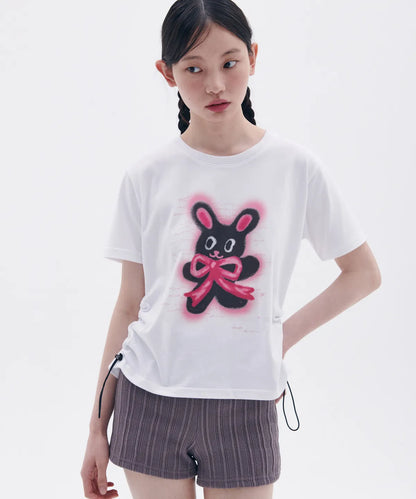 韓國 Ambler Rabbit With Ribbon Graphic String Crop Short-Sleeve T-shirt【AR104】