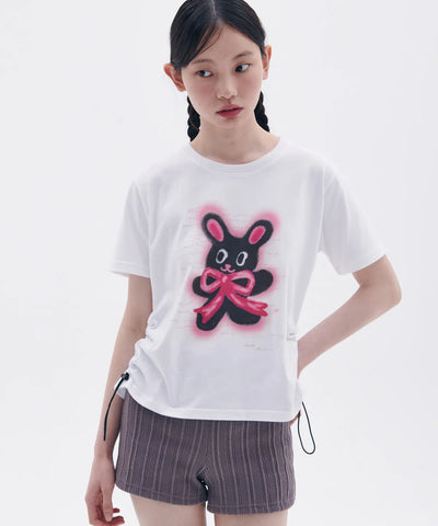 韓國 Ambler Rabbit With Ribbon Graphic String Crop Short-Sleeve T-shirt【AR104】