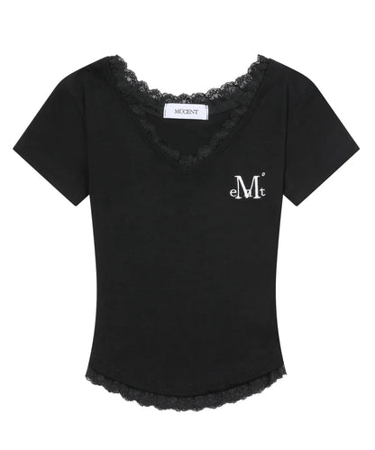 韓國 Mucent Sunnior Lace V-Neck Half T-Shirt【MU027】