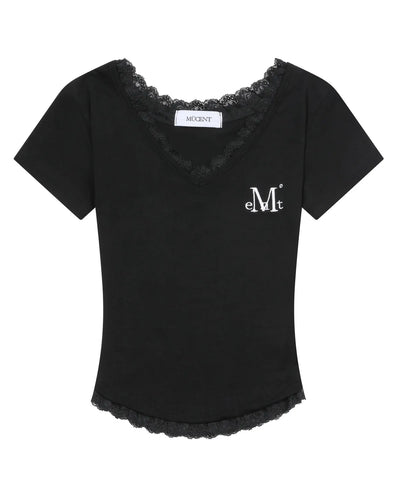 韓國 Mucent Sunnior Lace V-Neck Half T-Shirt【MU027】