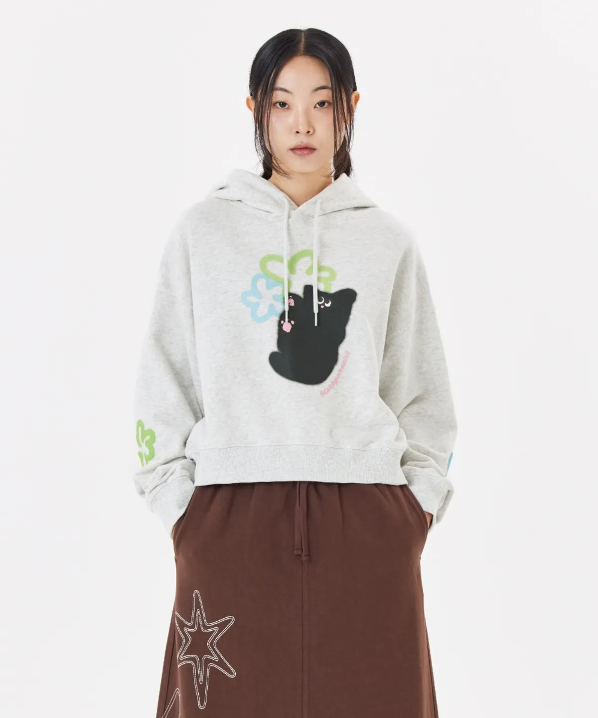 韓國 Mark Gonzales Women's Happy Neko Overfit Crop Sweat Hoodie【MG021】