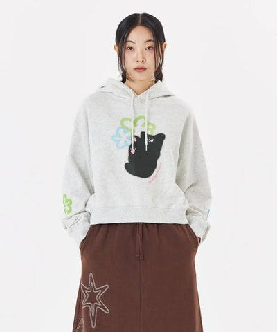 韓國 Mark Gonzales Women's Happy Neko Overfit Crop Sweat Hoodie【MG021】
