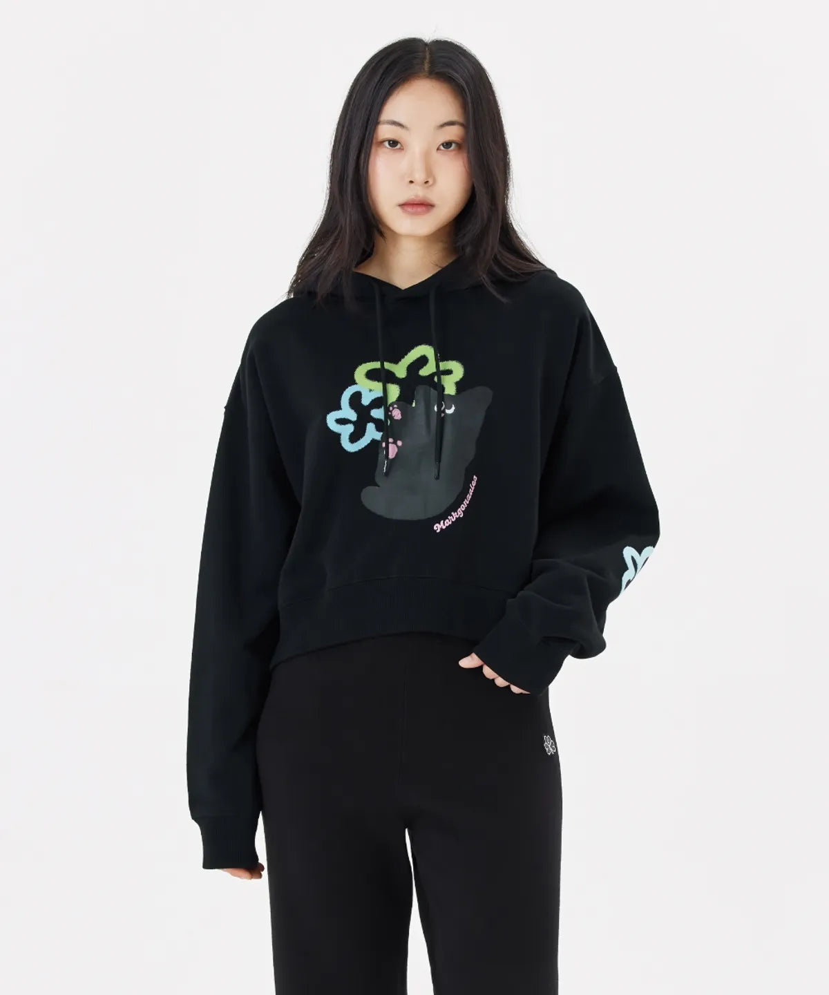 韓國 Mark Gonzales Women's Happy Neko Overfit Crop Sweat Hoodie【MG021】