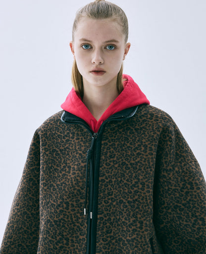 韓國 Mardi Mercredi Leather Trim Fleece Jacket Leopard【MM181】