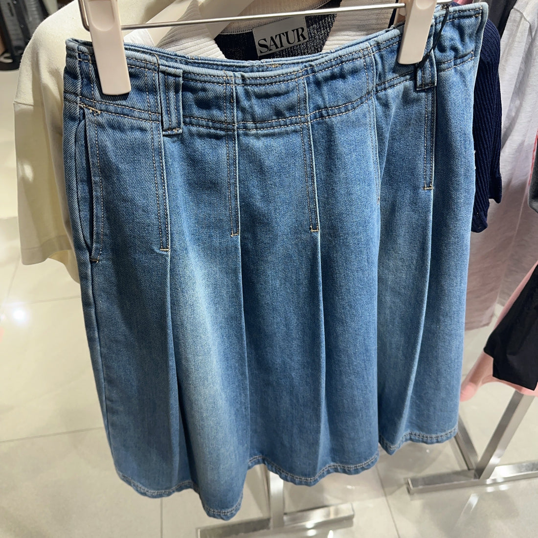 韓國 Satur Pleated Denim Midi Skirt【SR123】