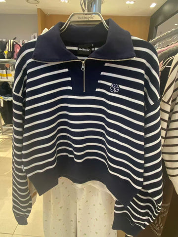 韓國 Mark Gonzales Women's Club Stripe Half Zip-Up Sweatshirt【MG131】