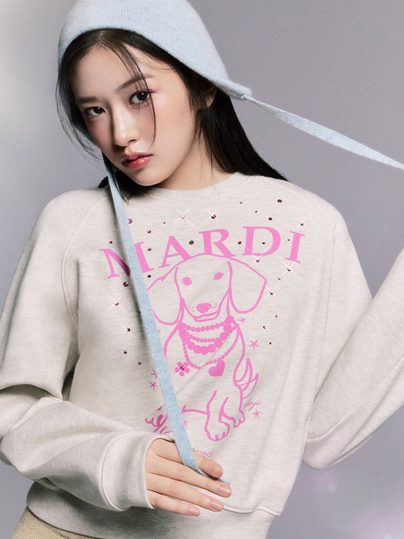 韓國 Mardi Mercredi SWEATSHIRT RAGLAN SWING THE TAIL DDANJI PEARL NECKLACE STONE EMBELLISHED【MM006】