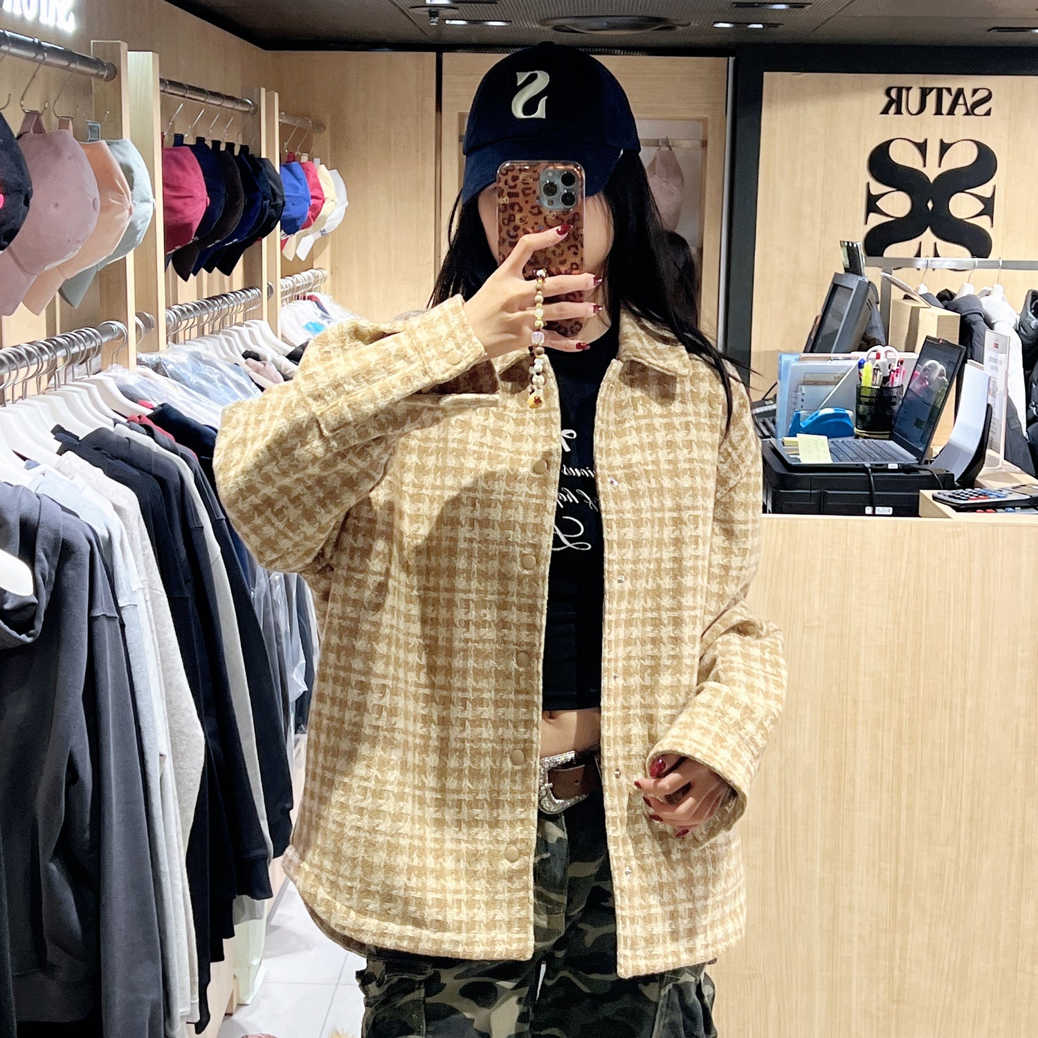 韓國 Satur Check Fleece Shirt Jacket【SR197】