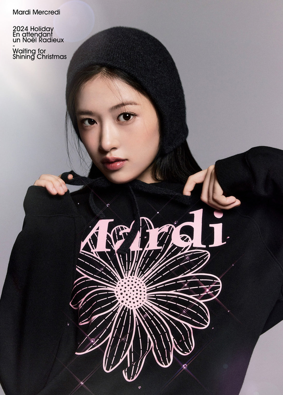 [限時優惠] 韓國 Mardi Mercredi SWEATSHIRT RAGLAN FLOWERMARDI STONE EMBELLISHED - BLACK PINK【MM013】