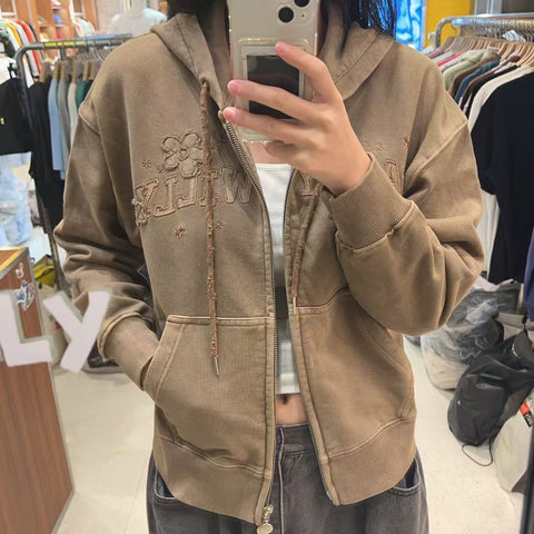 韓國 Wacky Willy Women's Pigment-Washed Applique Hooded Zip-up【WW024】