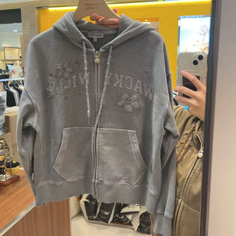 韓國 Wacky Willy Women's Pigment-Washed Applique Hooded Zip-up【WW024】