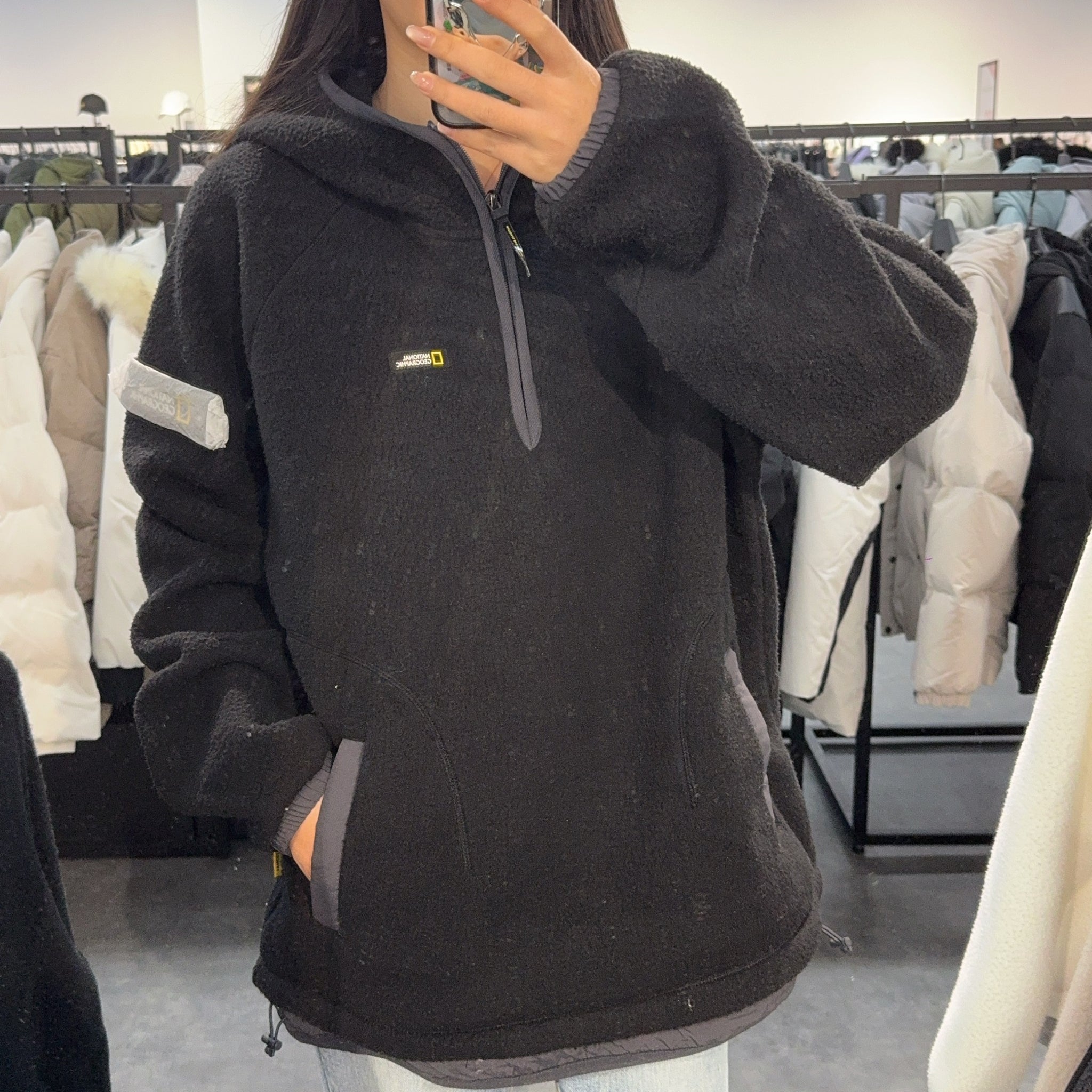 【現貨】韓國 National Geographic Woven Layered Loose Fit Fleece Half Zip Hoodie【NG400】