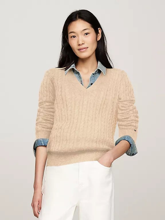 Tommy Hilfiger - Cable Knit Wool-Blend V-Neck Sweater