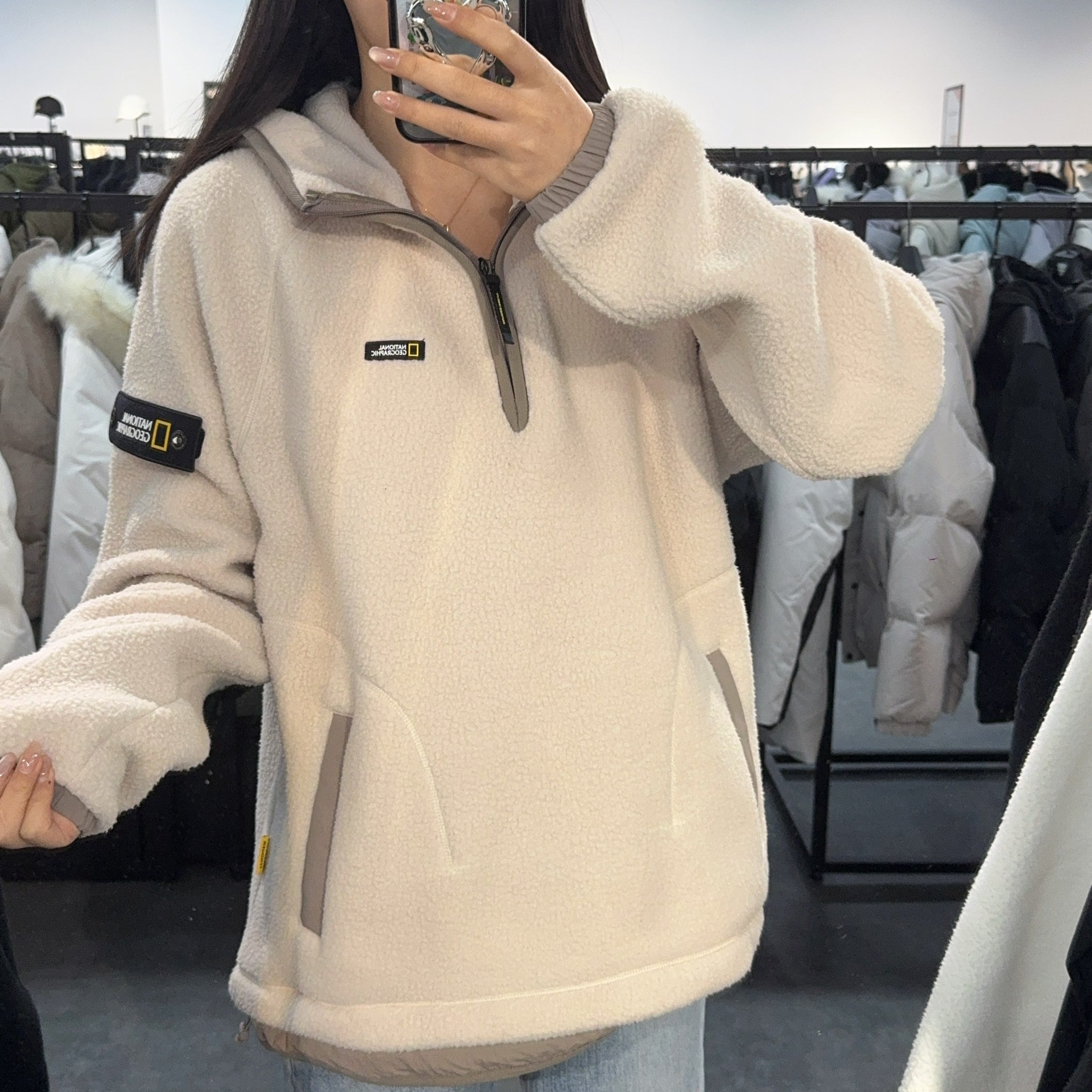 【現貨】韓國 National Geographic Woven Layered Loose Fit Fleece Half Zip Hoodie【NG400】