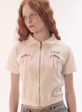 韓國 Ambler Crop collar Zip-up Short Sleeve Knit【AR099】