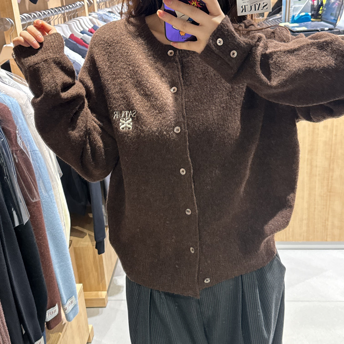 韓國 Satur Lauren Wool Blend Crew Neck Knit Cardigan【SR182】