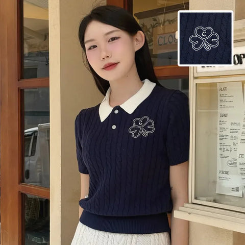 韓國 Mark Gonzales Club Women's Cable Short Sleeve Knit Top【MG083】