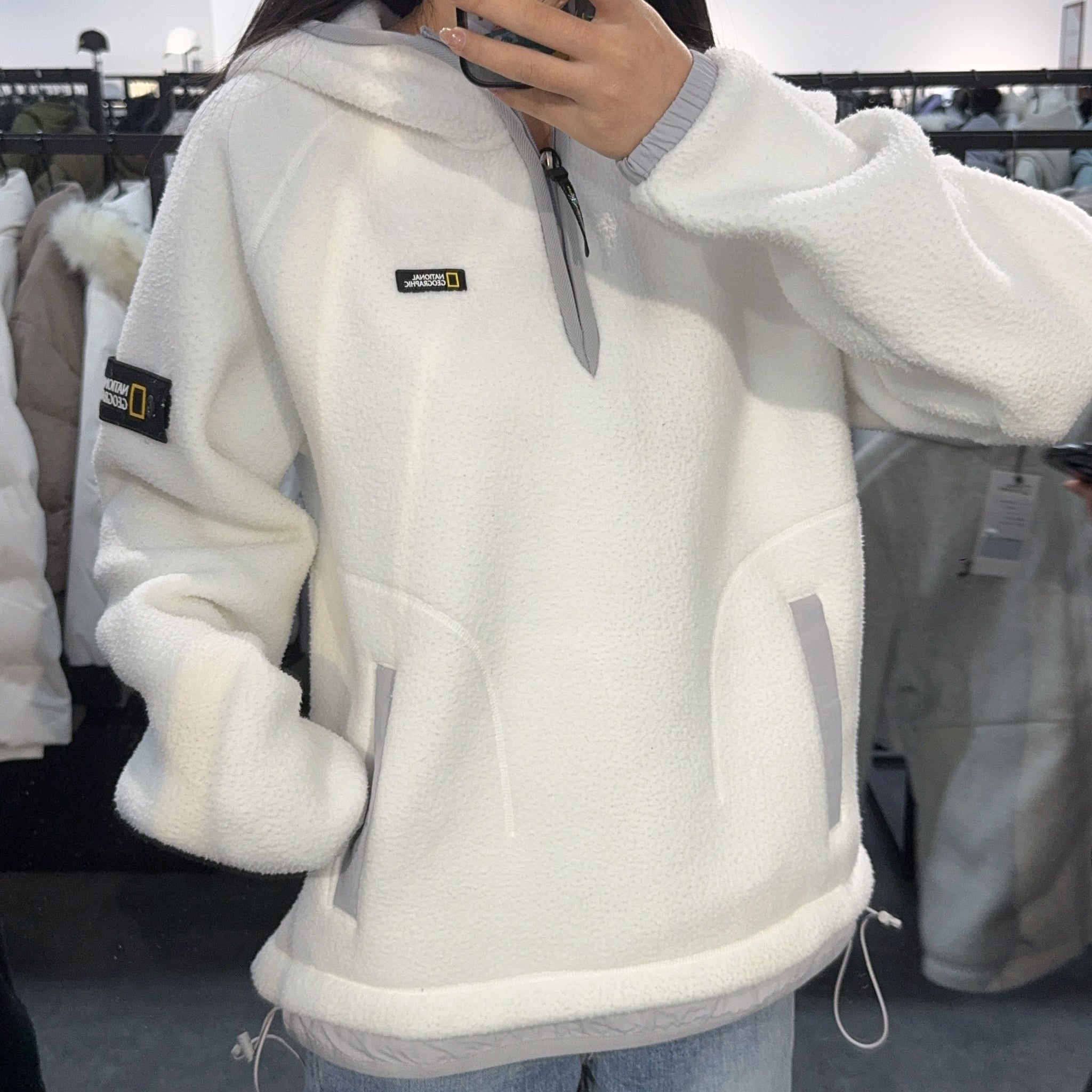 【現貨】韓國 National Geographic Woven Layered Loose Fit Fleece Half Zip Hoodie【NG400】