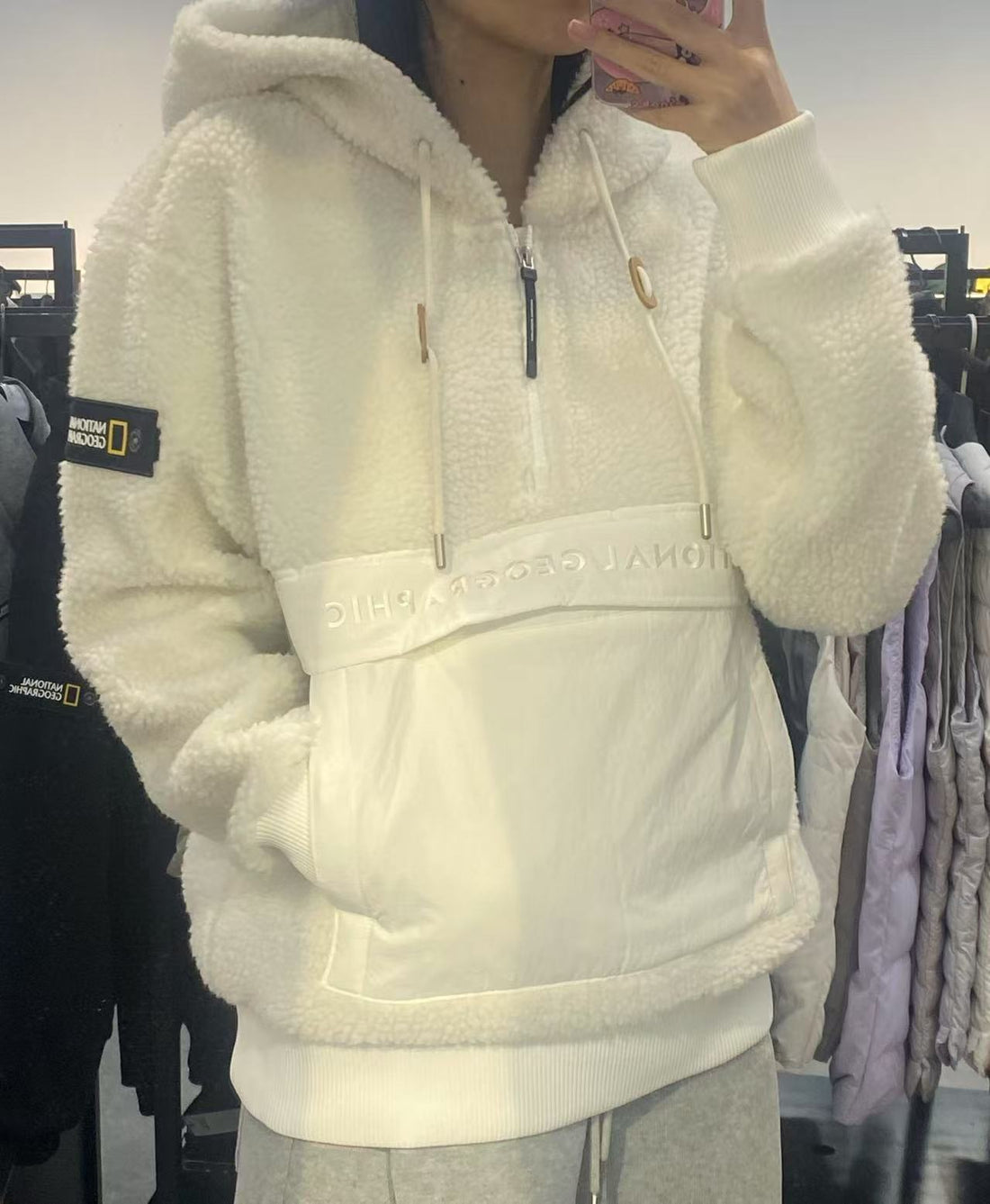 韓國 National Geographic Unisex Chopper Woven Mix FLEECE Poggle Hoody【NG352】