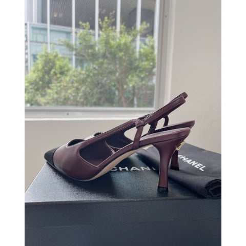【Brand New】 Chanel Slingback 皮拼絹布高跟鞋連禮盒 (深紫紅拼黑色 - 斷碼36.5)【ST012】