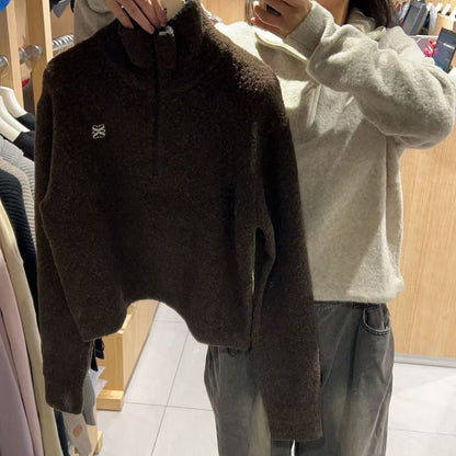韓國 Satur (W) Crop Half Neck Fleece Knit Zip-Up【SR164】