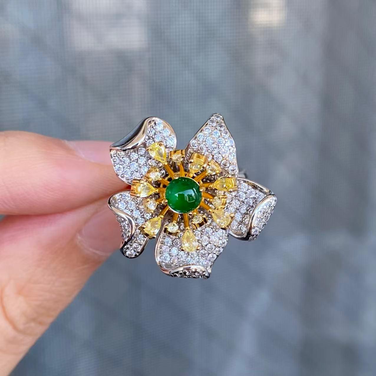 日本直送 翡翠花朵銀戒指【JS342】