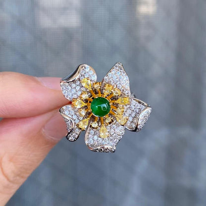 日本直送 翡翠花朵銀戒指【JS342】