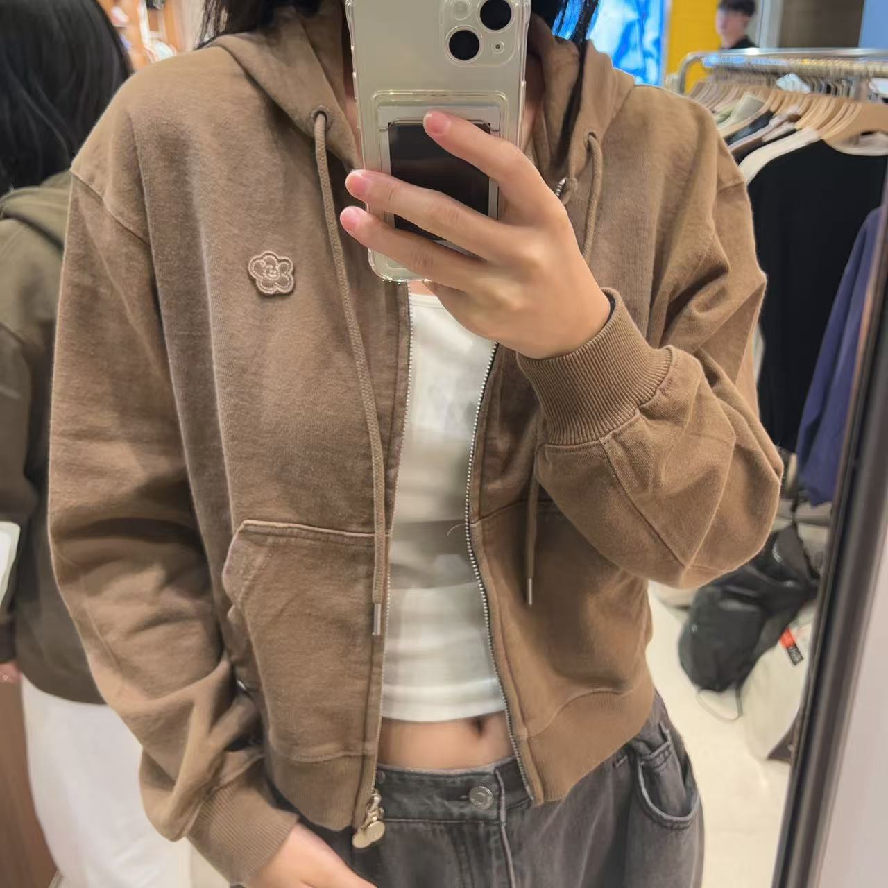 韓國 Wacky Willy Women's Denim Washed Crop Hooded Zip-Up【WW018】