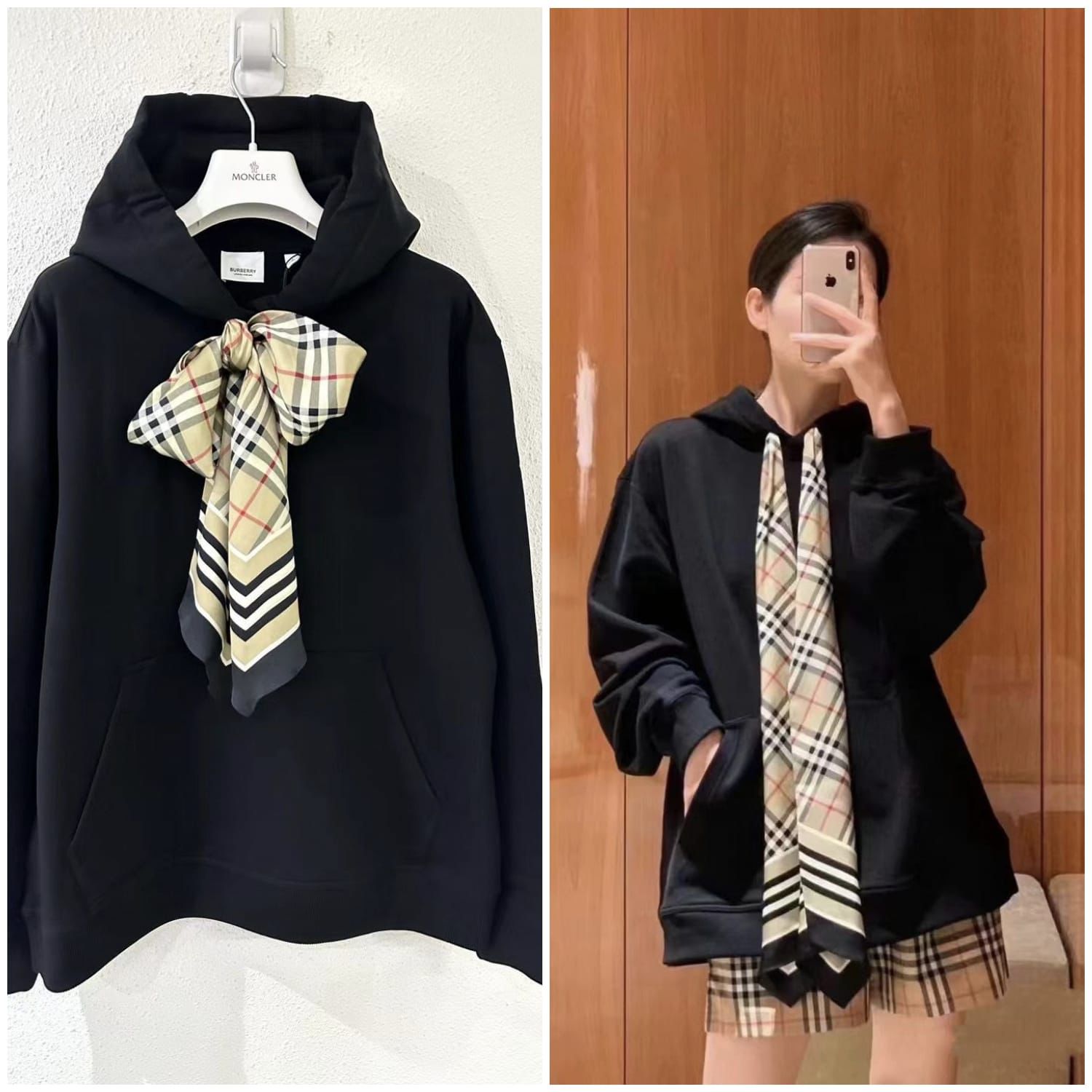 BurberryScarf Detail Cotton Oversized Hoodie 【YS49】