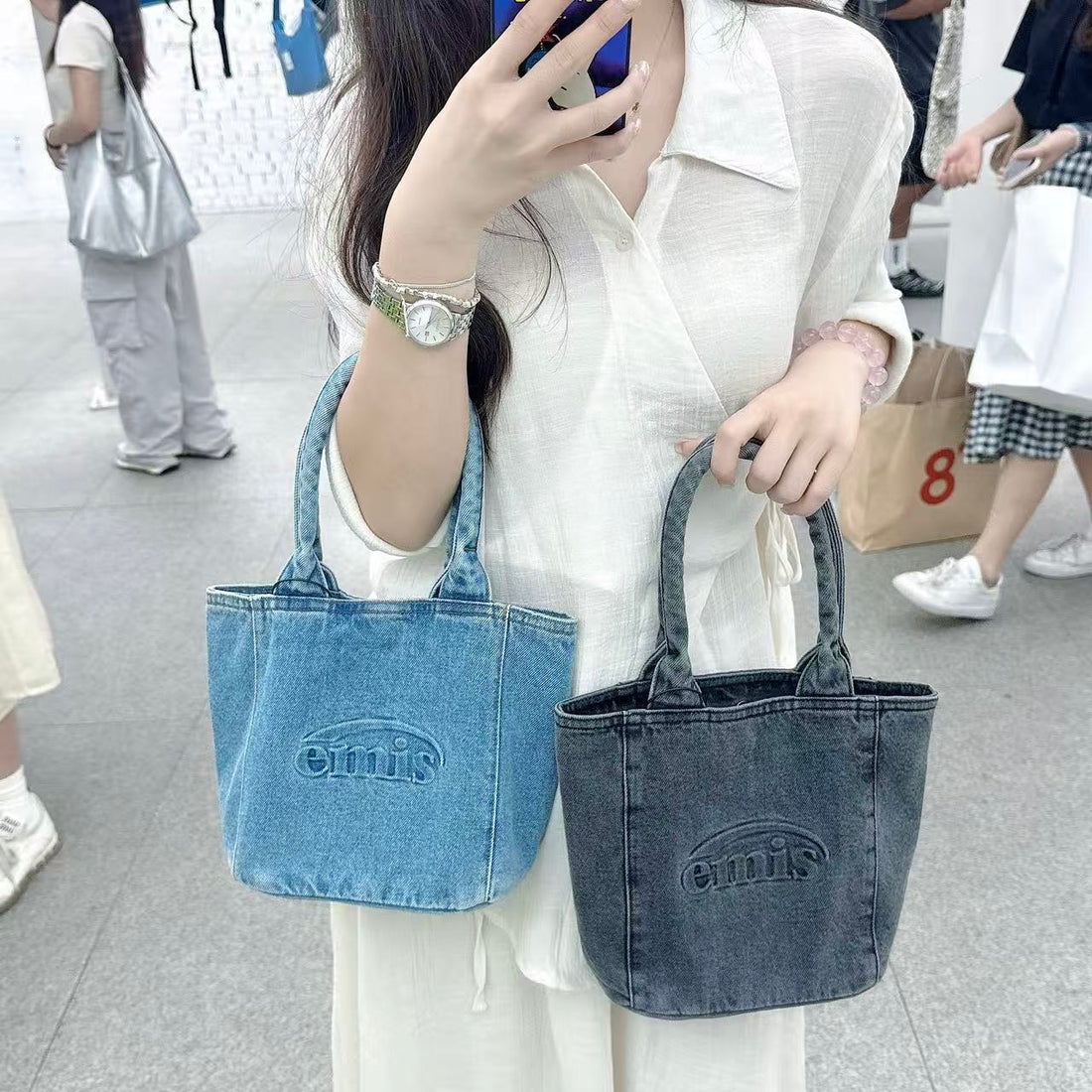 韓國 EMIS Logo Embossed Denim Tote Bag【ES081】