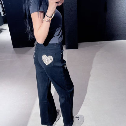 韓國 Mucent Coron Back Leather Leopard Heart Patch Wide Cotton Pants【MU151】