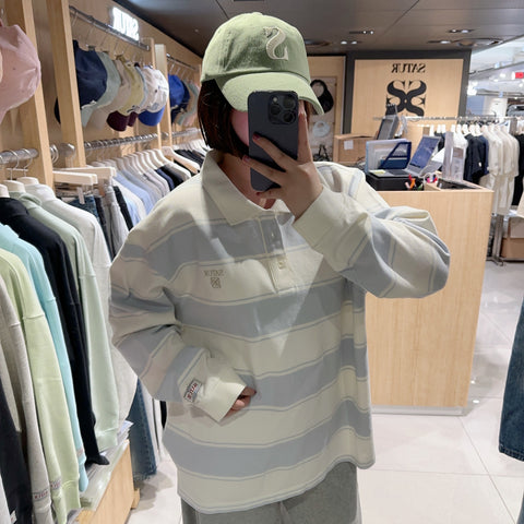 韓國 Satur Stripe Pique Polo Long Sleeve【SR078】