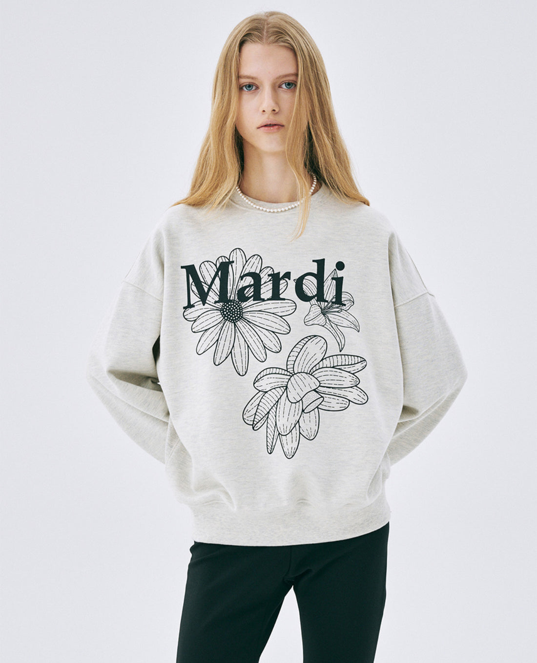 (11/15 限時) 韓國 Mardi Mercredi Sweatshirt Triple Flower - Oatmeal Black【TS052】