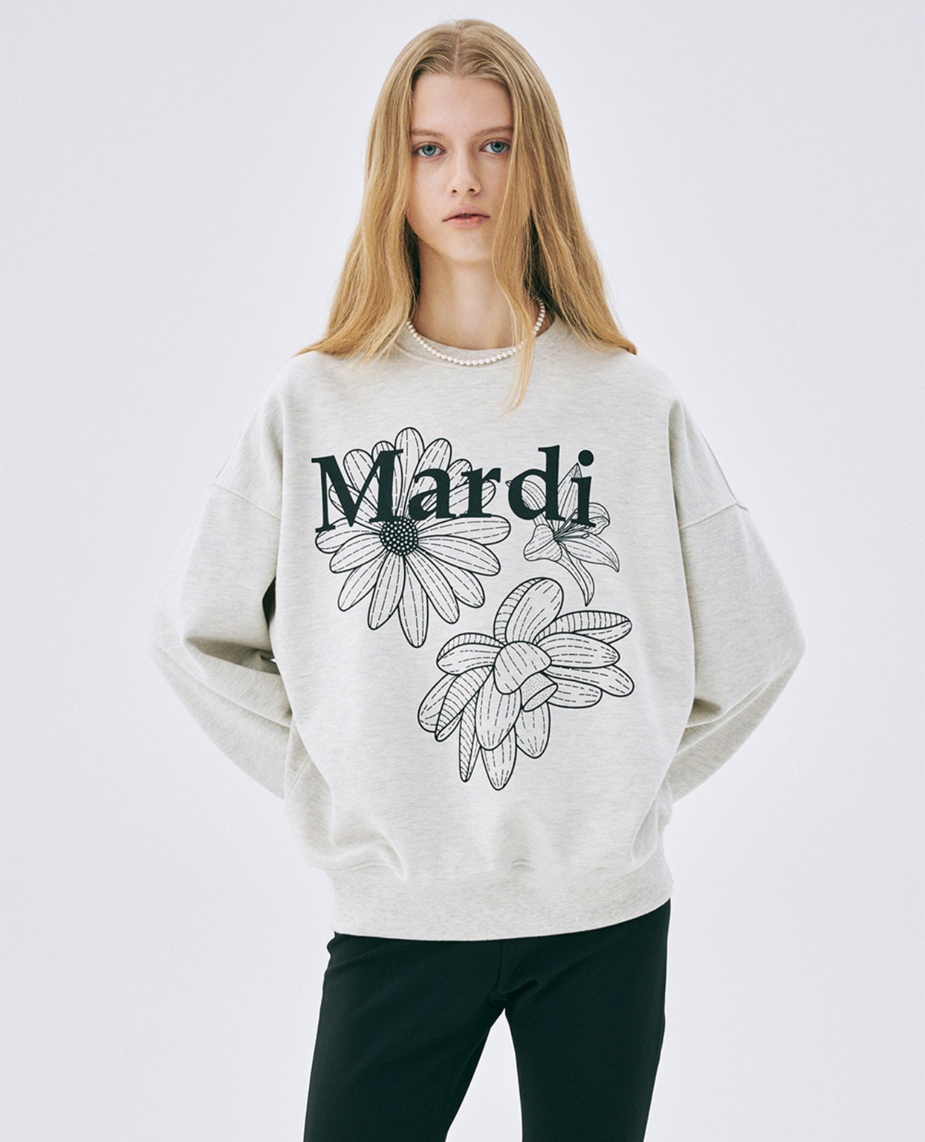 (11/15 限時) 韓國 Mardi Mercredi Sweatshirt Triple Flower - Oatmeal Black【TS052】
